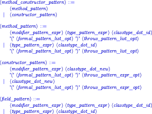 \begin{blue}
\begin{grammar}
<method_constructor_pattern> ::= \hspace{1in} \\
...
...type_dot_id>
\alt <type_pattern_expr> <classtype_dot_id>
\end{grammar}\end{blue}