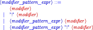 \begin{blue}
\begin{grammar}
<modifier_pattern_expr> ::= \hspace{1in} \\
{\red...
...r>}
\alt <modifier_pattern_expr> '!' {\red <modifier>}
\end{grammar}
\end{blue}
