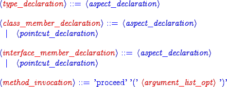 \begin{grammar}
\begin{blue}
<{\red type_declaration}> ::= <aspect_declaration>
...
...}> ::= 'proceed' '(' {\red <argument_list_opt>} ')'
\par
\end{blue}\end{grammar}