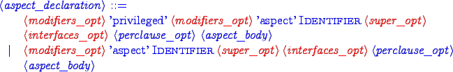 \begin{grammar}
\begin{blue}
<aspect_declaration> ::= \hspace{1in} \\
{\red <m...
...per_opt> <interfaces_opt>} <perclause_opt> <aspect_body>
\end{blue}\end{grammar}