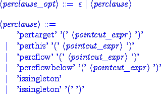 \begin{blue}
\begin{grammar}
<perclause_opt> ::= $\epsilon$\ \vert <perclause>
...
...r>} ')'
\alt 'issingleton'
\alt 'issingleton' '(' ')'
\end{grammar}\end{blue}