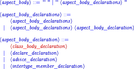 \begin{blue}
\begin{grammar}
<aspect_body> ::= '{' '}' \vert '{' <aspect_body_de...
...advice_declaration>
\alt <intertype_member_declaration>
\end{grammar}\end{blue}