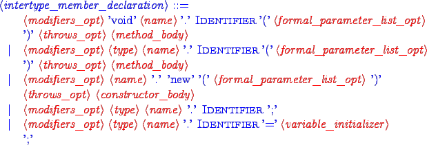 \begin{blue}
\begin{grammar}
<intertype_member_declaration> ::= \hspace{1in} \\ ...
... {\sc{Identifier}} '=' {\red <variable_initializer>} ';'
\end{grammar}\end{blue}