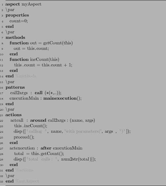 \begin{figure}\begin{lstlisting}[language=MATLAB, frame=htbp]
aspect myAspect
\p...
...str(total)]);
end
end %actions
\par
end %myAspect
\end{lstlisting}
\end{figure}