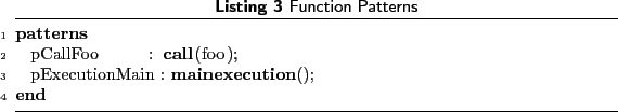 \begin{lstlisting}[language=MATLAB, frame=htbp, caption={Function Patterns}, lab...
...s
pCallFoo : call(foo);
pExecutionMain : mainexecution();
end
\end{lstlisting}