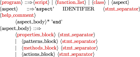 \begin{figure}\begin{grammar}[(colon){ ::$\Rightarrow$}]
[(semicolon){\\ \hspac...
... <actions\_block>,<\textcolor{red}{stmt\_separator}>.
\end{grammar}
\end{figure}