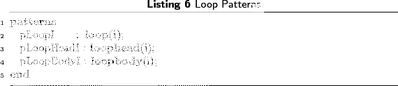 \begin{lstlisting}[language=MATLAB, frame=htbp, caption={Loop Patterns}, label=e...
...p(i);
pLoopHeadI : loophead(i);
pLoopBodyI : loopbody(i);
end
\end{lstlisting}