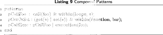 \begin{lstlisting}[language=MATLAB, frame=htbp, caption={Compound Patterns}, lab...
...function, bar);
pCallExec : pCallFoo \vert execution(foo);
end
\end{lstlisting}