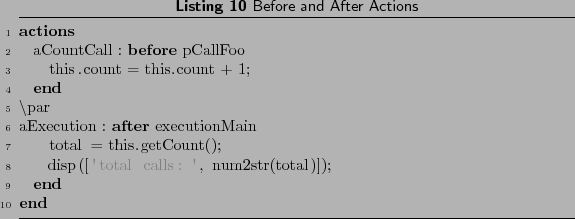 \begin{lstlisting}[language=MATLAB, frame=htbp, caption={Before and After Action...
....getCount();
disp(['total calls: ', num2str(total)]);
end
end
\end{lstlisting}