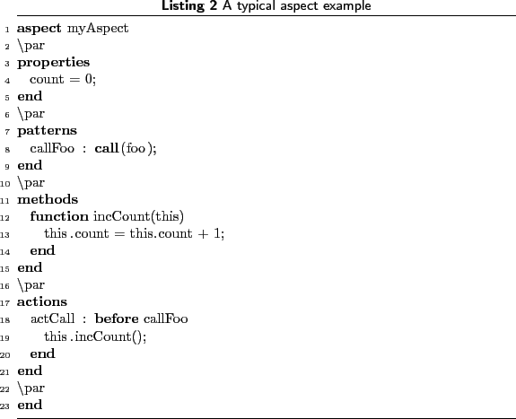 \begin{lstlisting}[language=MATLAB, frame=htbp, caption={A typical aspect exampl...
...s
actCall : before callFoo
this.incCount();
end
end
\par
end
\end{lstlisting}