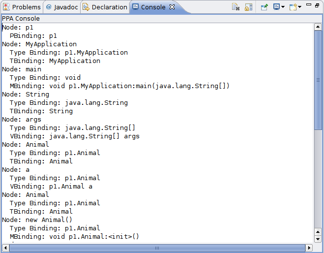 Console displaying an AST walk of the partial program.